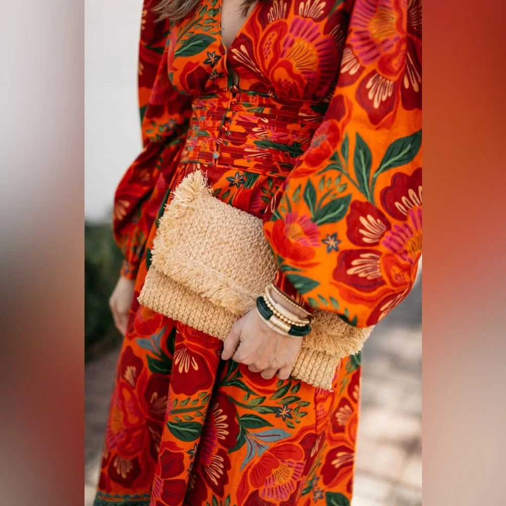 FARM RIO for Anthropologie Tropical Floral Linen Deep V Midi Dress